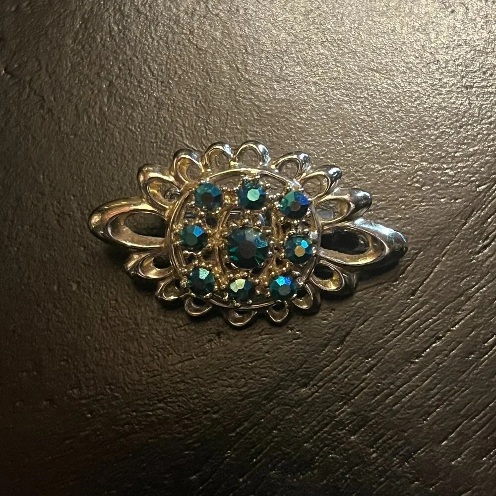 Vintage Gold Tone Green AB Stones Open Work Design